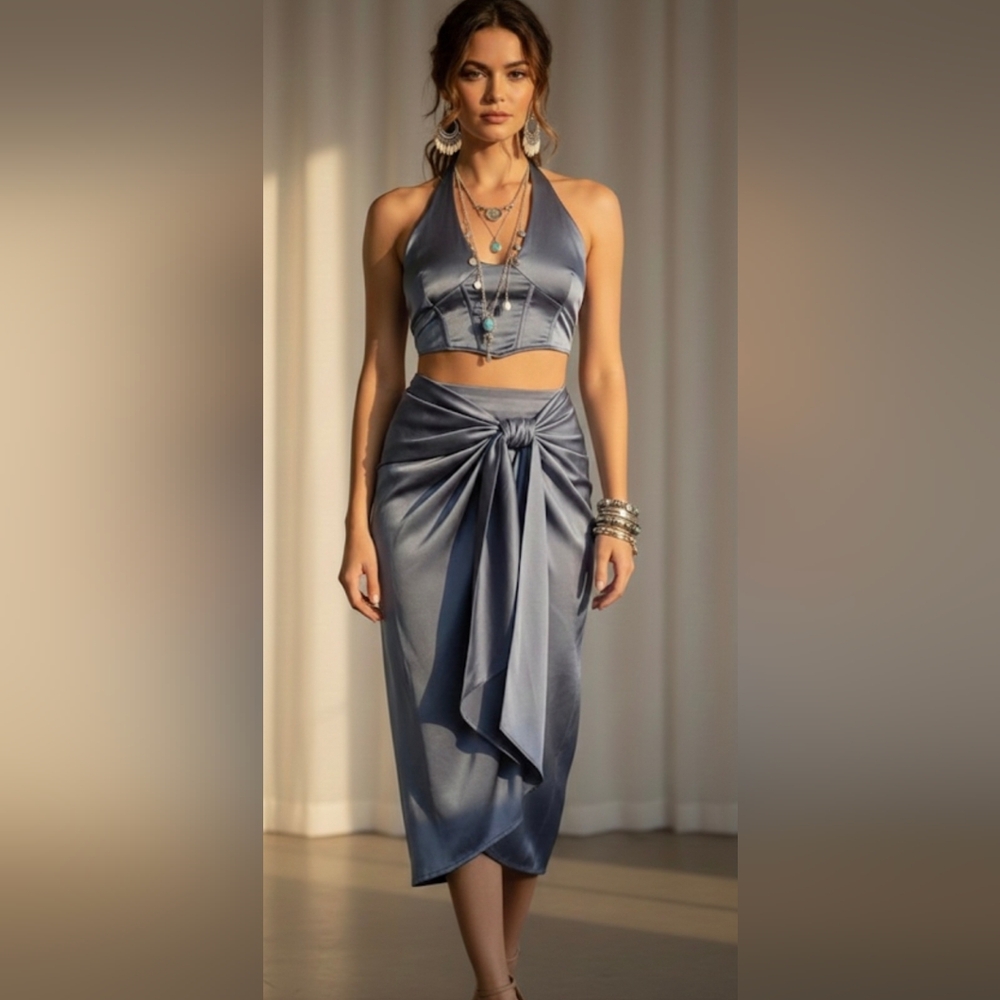 Cider Satin Halter Top & Midi Skirt Small